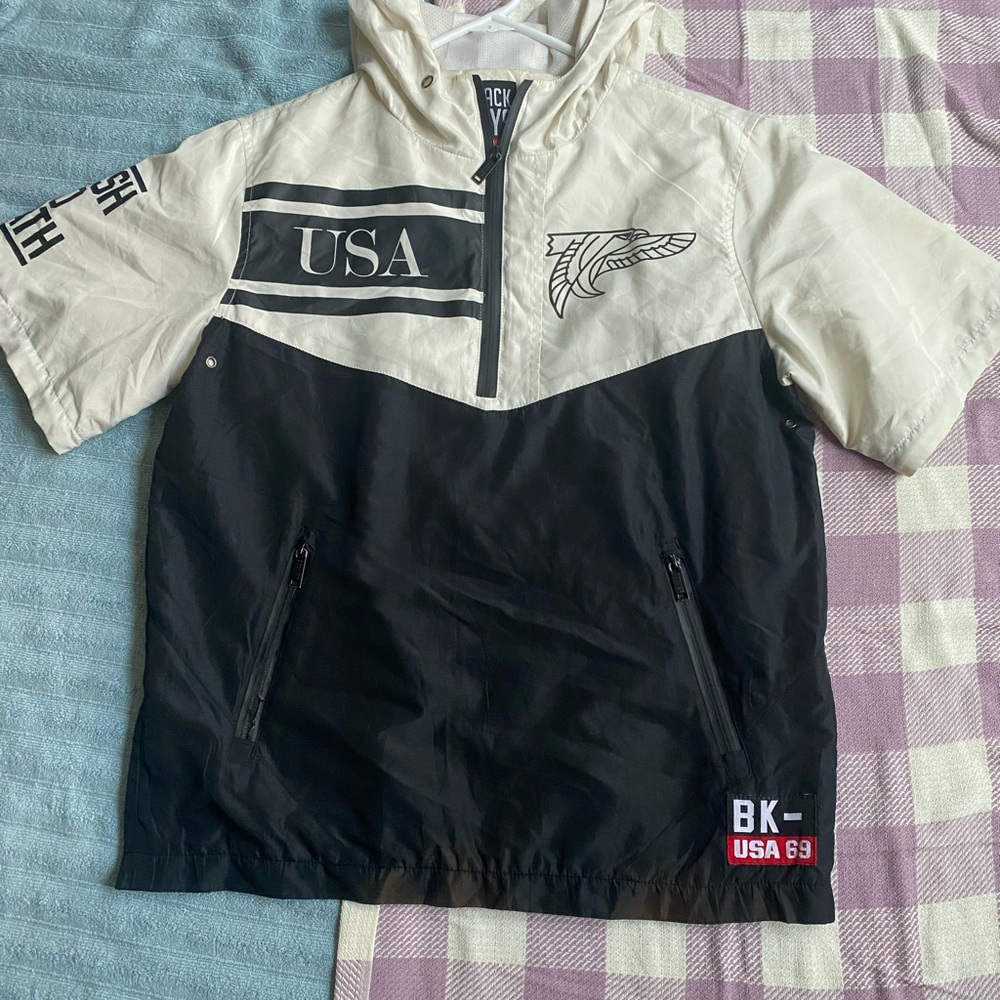 Used L Black and White Nylon Pullover Hoodie